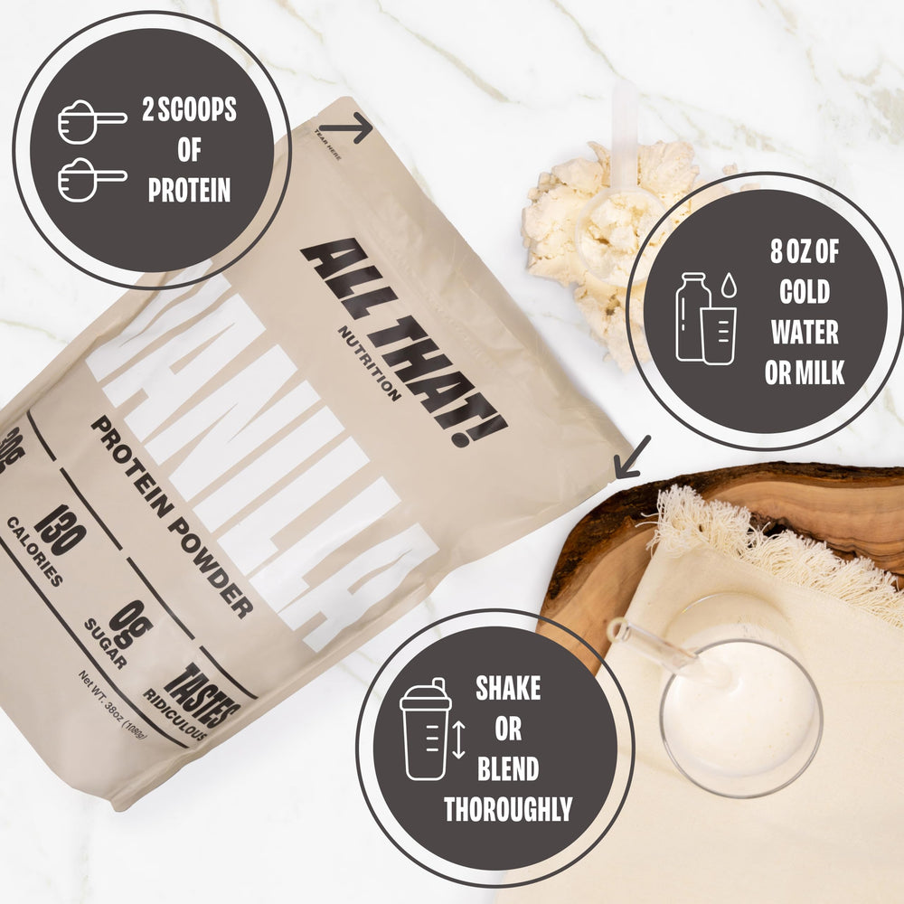 ALL THAT! NUTRITION 30 servings tub ready for on-the-go protein needs.