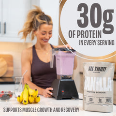 ALL THAT! NUTRITION vanilla protein powder scoop shows precise 30G servings for easy meal planning.