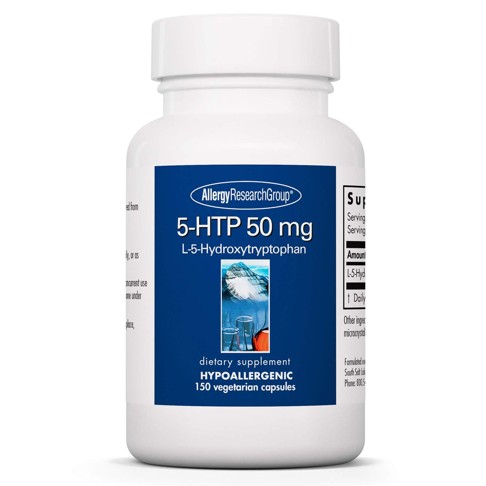 Bottle of Allergy Research Group 5-HTP 50mg supplement, 150 count