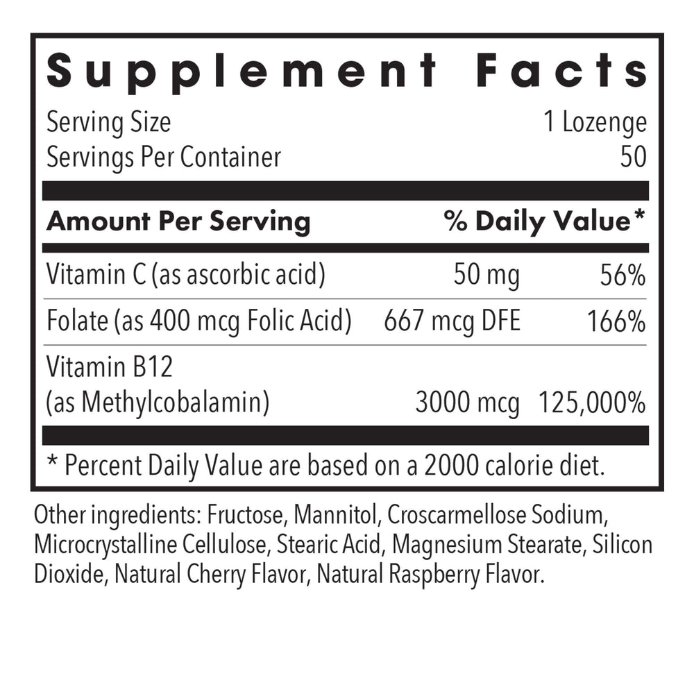 Product packaging label for B12 methylcobalamin lozenges