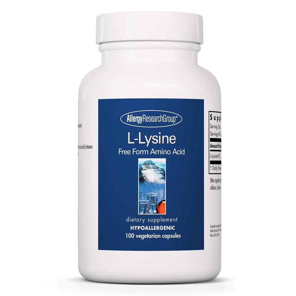 Front view of Allergy Research Group L-Lysine 100-count bottle.
