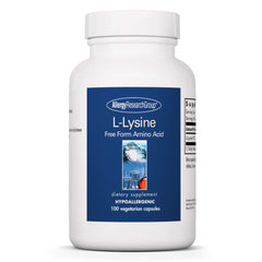 Front view of Allergy Research Group L-Lysine 100-count bottle.