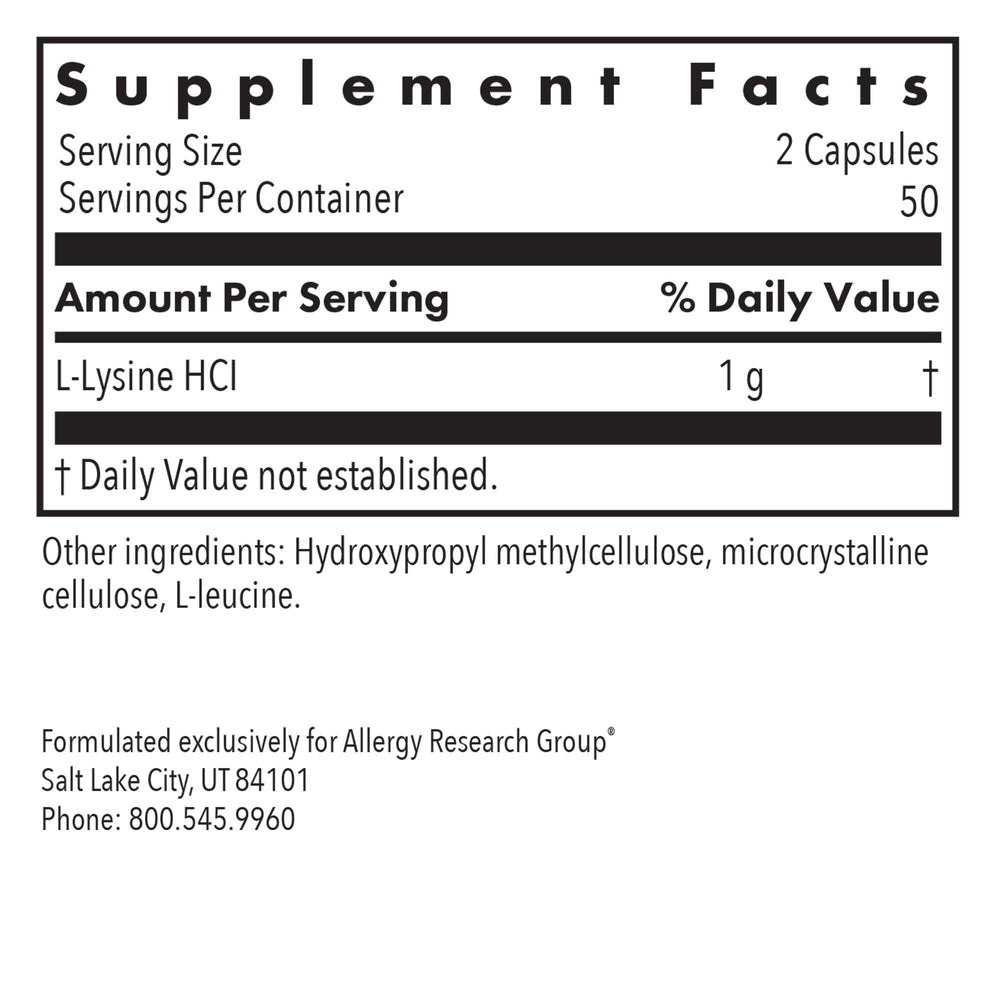 Side view of Allergy Research Group L-Lysine 100-count bottle.