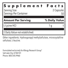 Side view of Allergy Research Group L-Lysine 100-count bottle.
