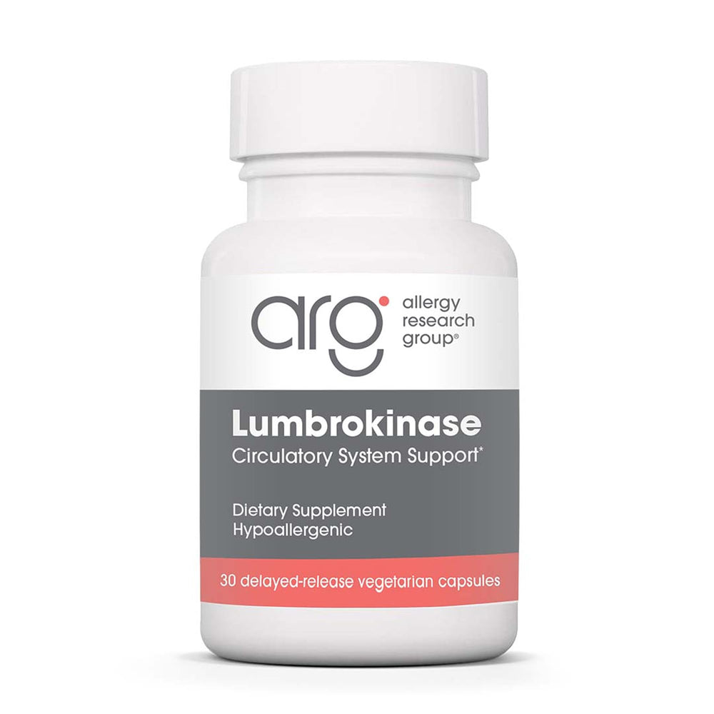 Bottle of Allergy Research Group Lumbrokinase with label