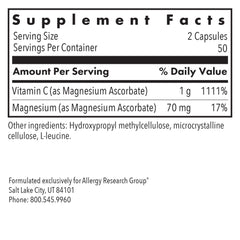 Supplement facts label for Magnesium Ascorbate