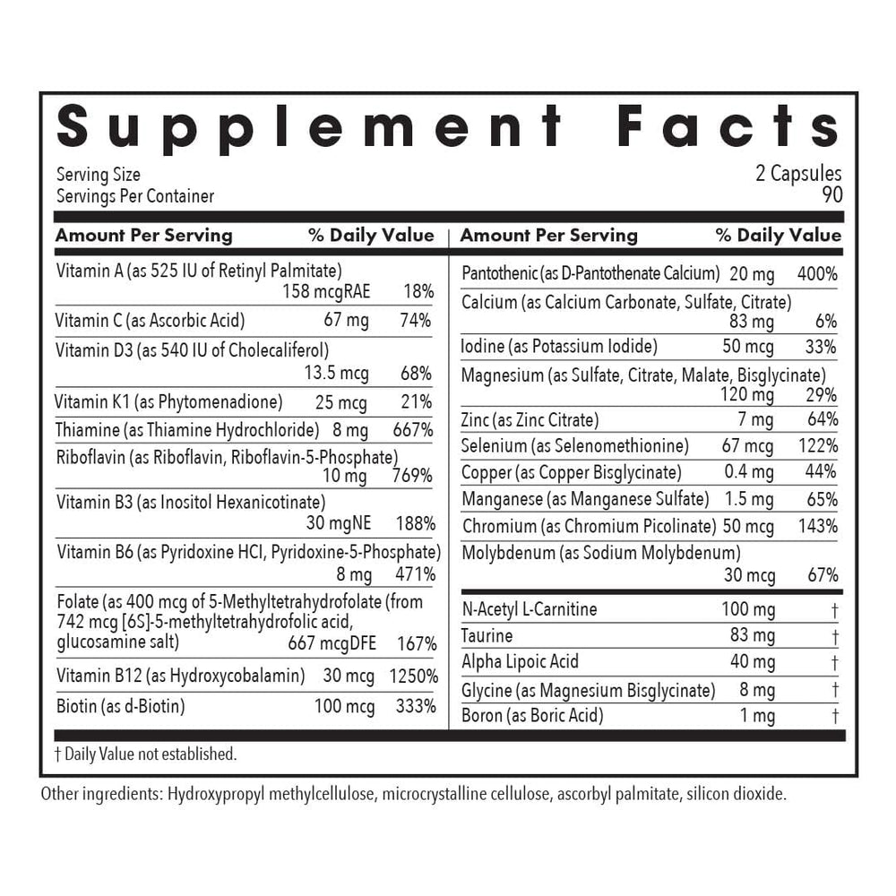 Close up of MVM-A ingredients on bottle
