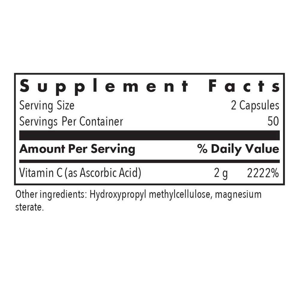 Vitamin C supplement bottle label showing 1000 mg unbuffered ascorbic acid