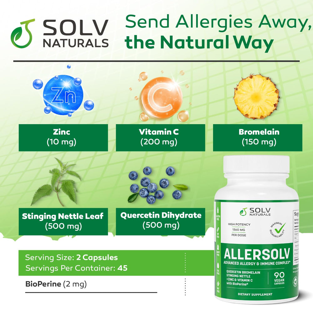 Vegan, non-GMO, allergen-free labels on ALLERSOLV packaging