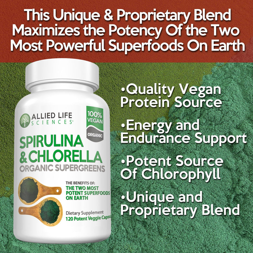 Front label of Allied Life Spirulina and Chlorella bottle