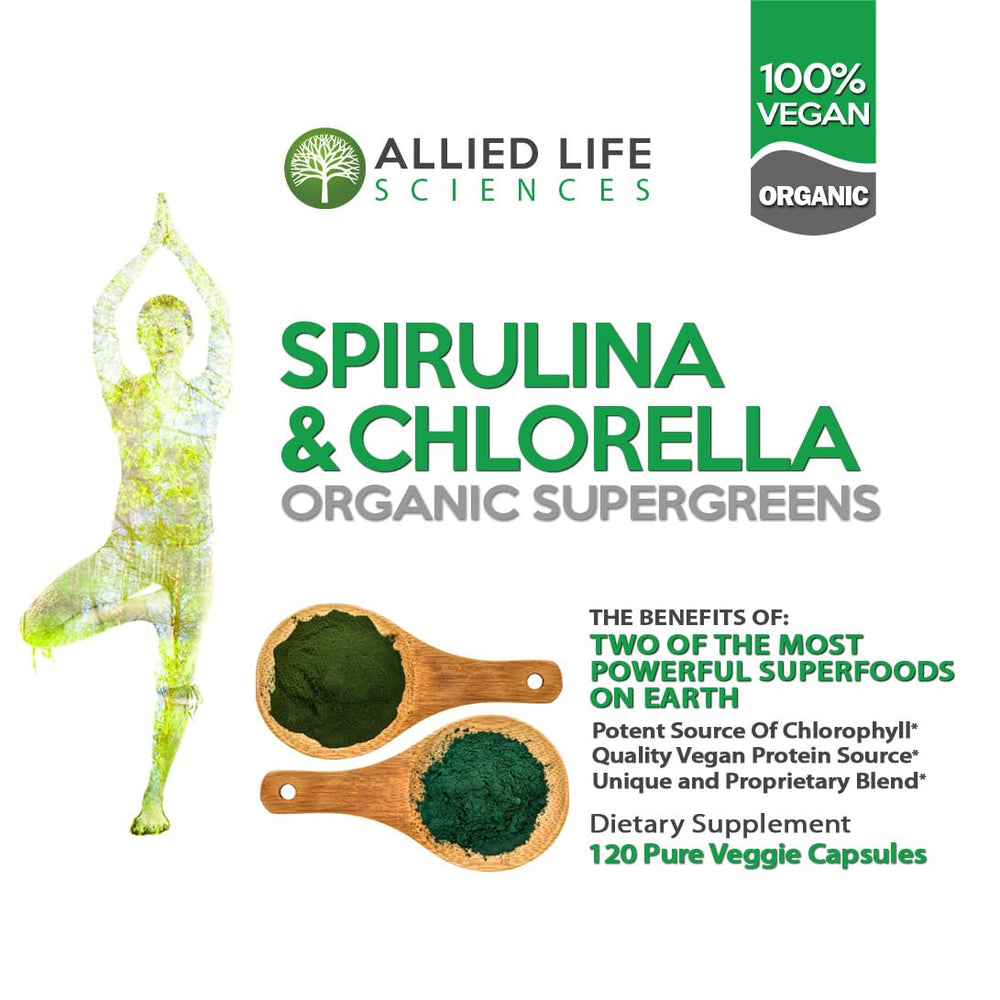 Bottle and capsules of Allied Life Spirulina and Chlorella