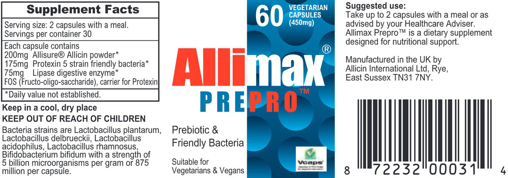 Allimax PrePro capsules with label and ingredients