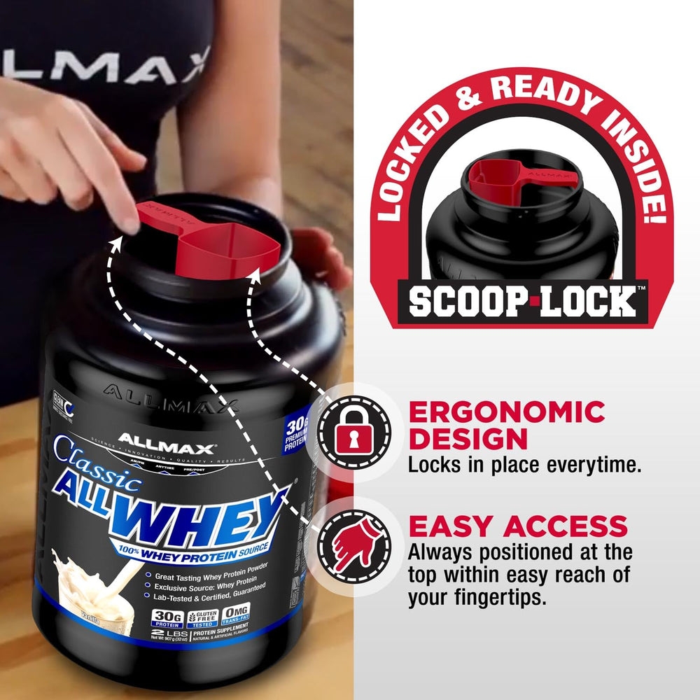 Allmax AllWhey Classic Vanilla in a glass with milk highlights versatile post-workout option