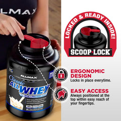 Allmax AllWhey Classic Vanilla in a glass with milk highlights versatile post-workout option