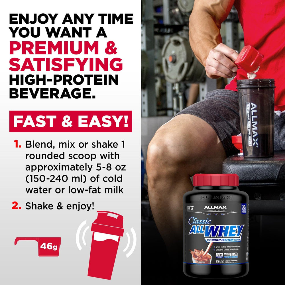 Allmax AllWhey Classic scoop-in-tub view demonstrates convenient Scoop-Lock access