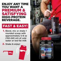 Allmax AllWhey Classic scoop-in-tub view demonstrates convenient Scoop-Lock access