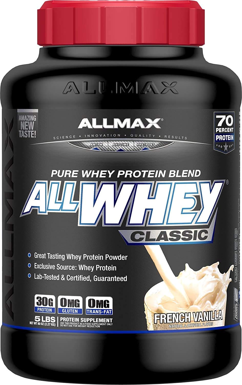 Front view of ALLMAX AllWhey Classic Vanilla protein powder tub, 5 lbs.