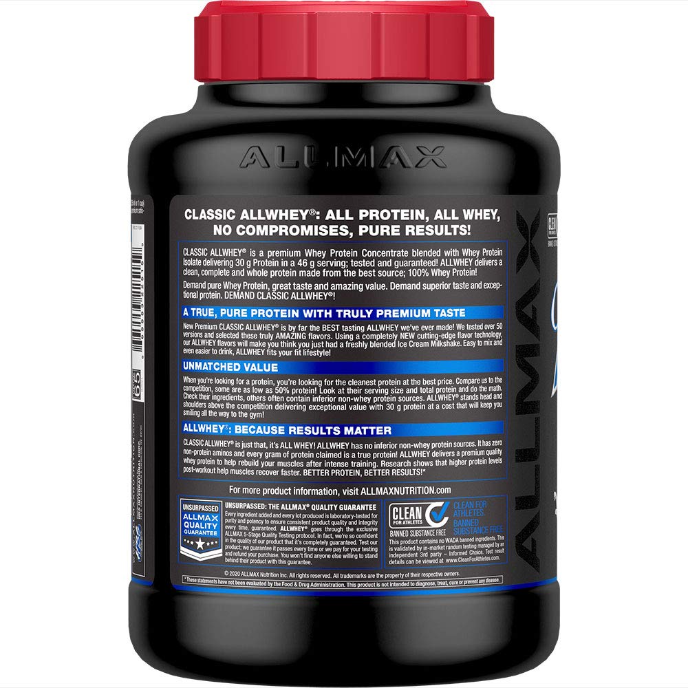 Allmax ALLWHEY Cookies and Cream being poured into glass for a quick protein boost