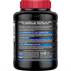 Allmax Classic ALLWHEY Strawberry jar closeup emphasizes gluten-free purity for lean gains