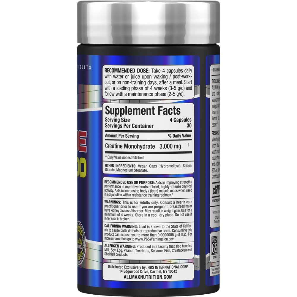 Close-up of ALLMAX Creatine Monohydrate bottle label