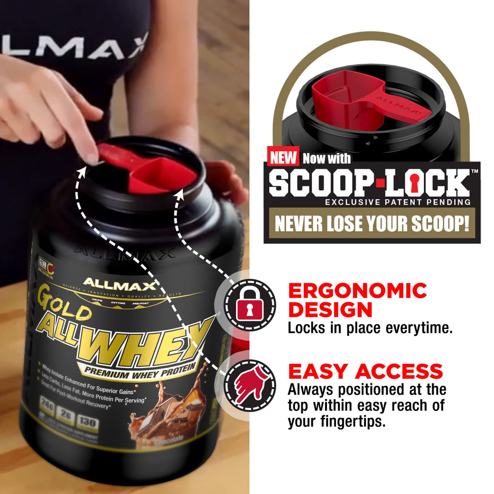 ALLMAX Gold ALLWHEY Chocolate powder-dispensing shows measured 24g protein per scoop.
