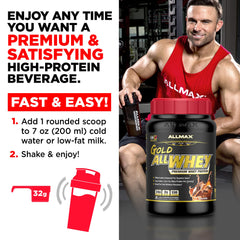ALLMAX Gold ALLWHEY Chocolate-prep-glass showing easy mixing with water or milk.