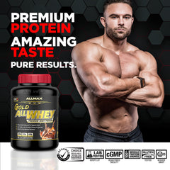 ALLMAX Gold ALLWHEY Chocolate-serving-scoop highlights convenient, ready-to-use protein portions.