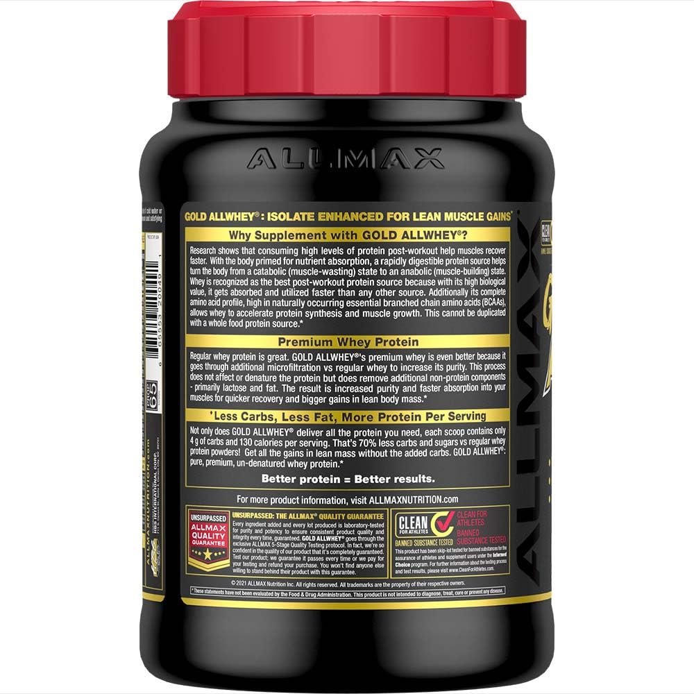 ALLMAX Gold ALLWHEY Strawberry tub back label explains nutrition for informed supplement choices.