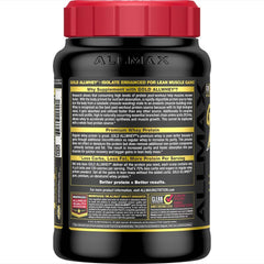 ALLMAX Gold ALLWHEY Strawberry tub back label explains nutrition for informed supplement choices.
