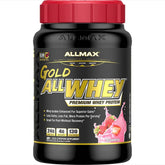 ALLMAX Gold ALLWHEY Strawberry tub front emphasizes premium protein for lean muscle support.