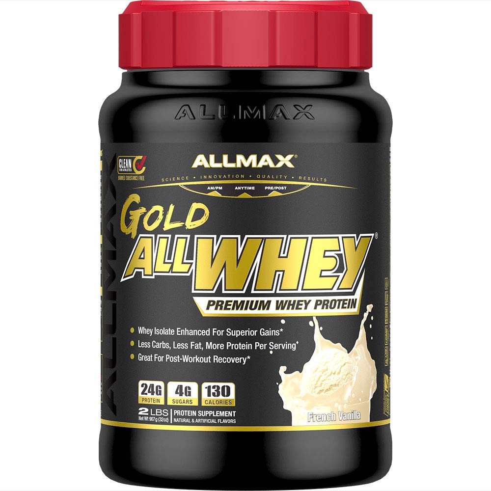 Allmax Gold ALLWHEY Vanilla tub front highlights 24g protein per serving for recovery.