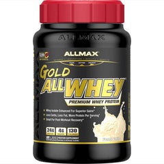 Allmax Gold ALLWHEY Vanilla tub front highlights 24g protein per serving for recovery.