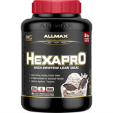 Allmax HEXAPRO Cookies & Cream tub front shows premium protein for post-workout recovery.
