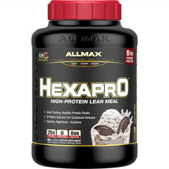 Allmax HEXAPRO Cookies & Cream tub front shows premium protein for post-workout recovery.