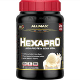 ALLMAX HEXAPRO French Vanilla powder in a jar shows premium protein poly-blend for steady delivery