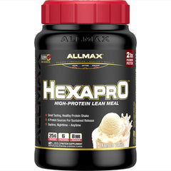 ALLMAX HEXAPRO French Vanilla powder in a jar shows premium protein poly-blend for steady delivery