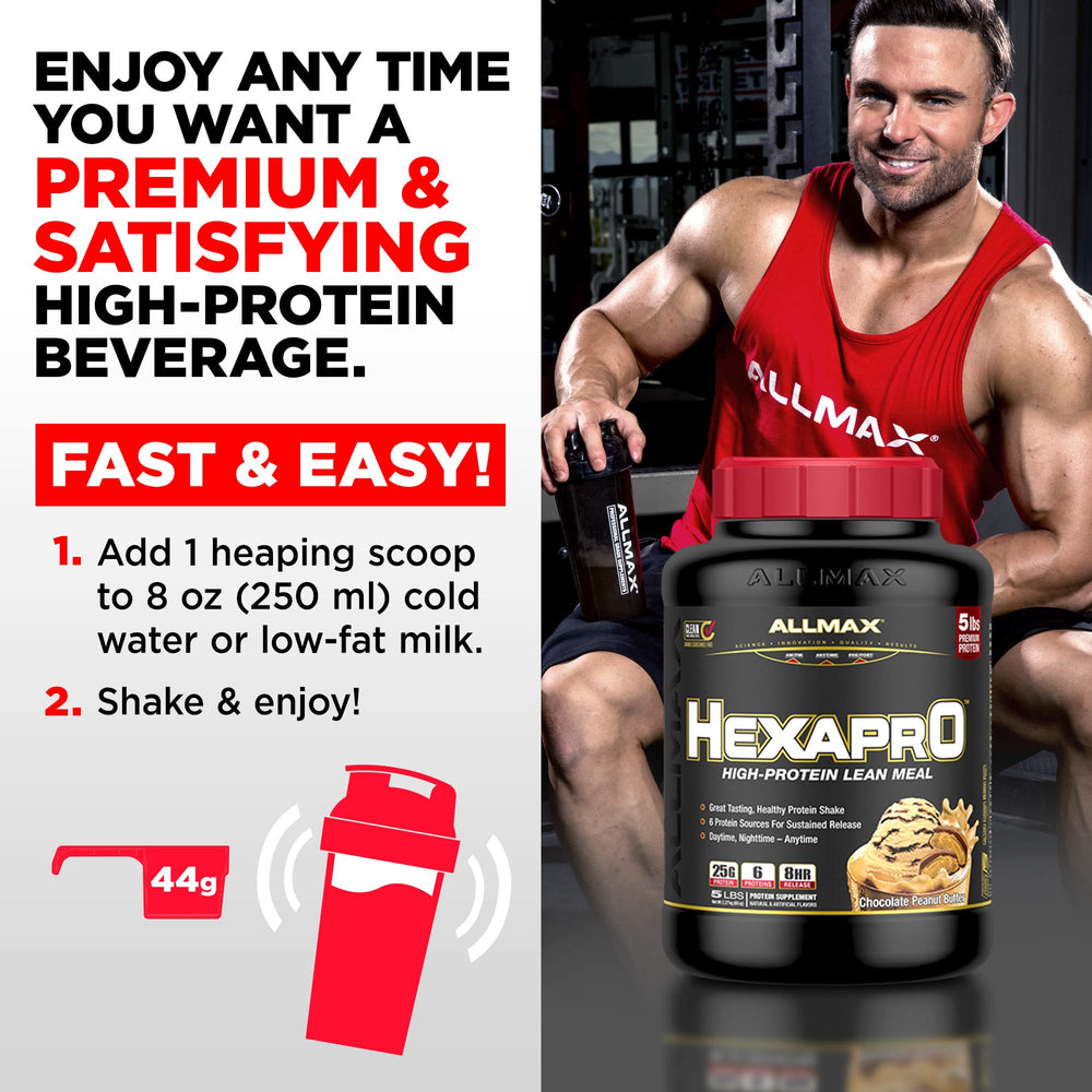 Allmax HEXAPRO powder dispense captured for smooth pour into shaker