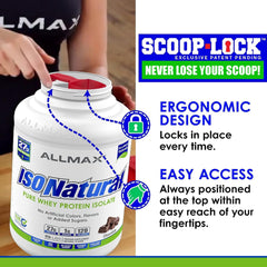 ALLMAX ISONATURAL Vanilla lifestyle image shows post-workout smoothie benefits and clean energy