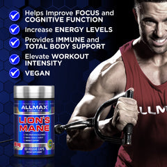 ALLMAX Lion's Mane capsules displayed next to bottle