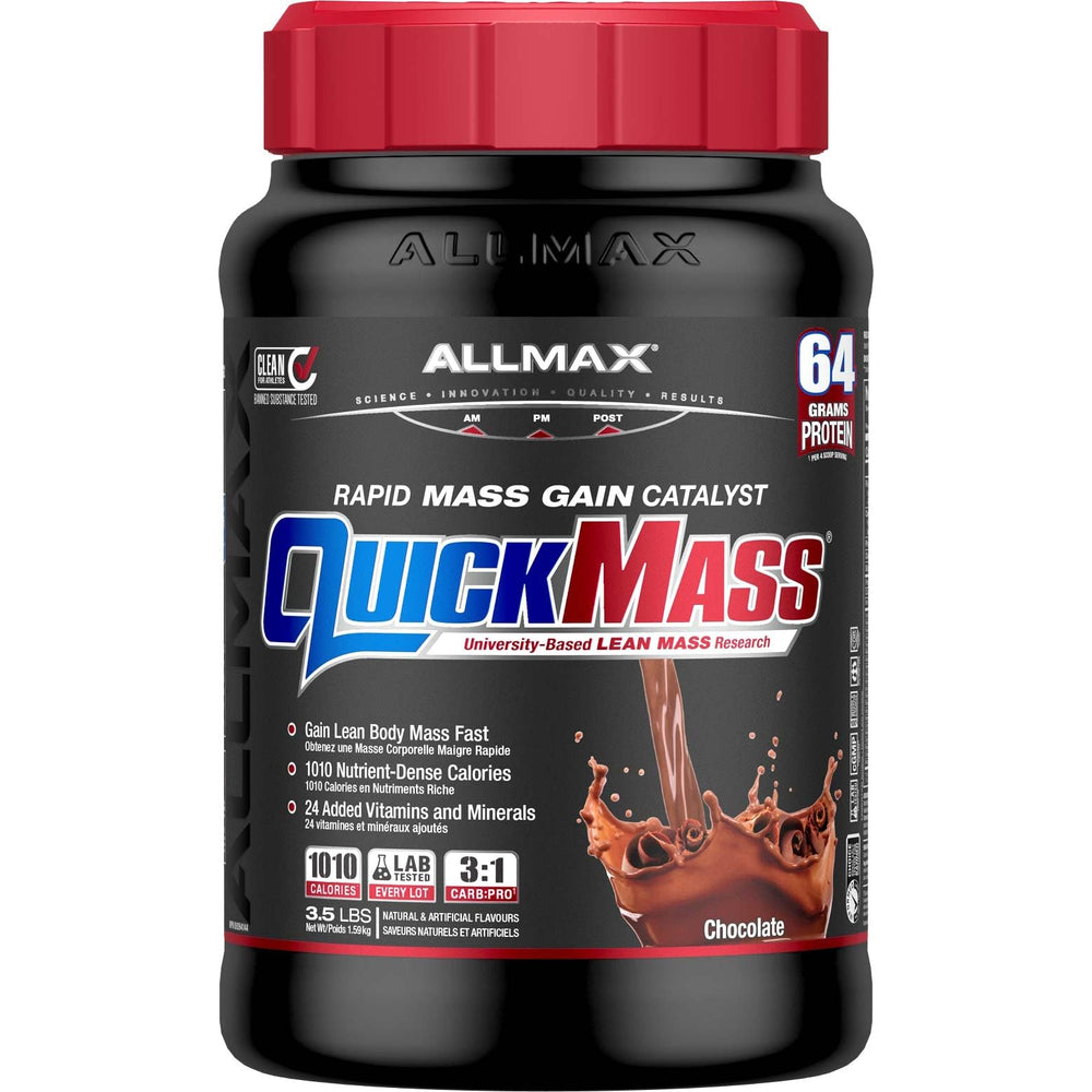ALLMAX QuickMass chocolate tub open, convenient post-workout fuel and muscle-supporting shake.