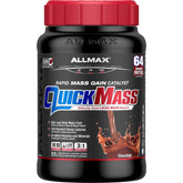 ALLMAX QuickMass chocolate tub open, convenient post-workout fuel and muscle-supporting shake.