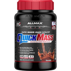 ALLMAX QuickMass chocolate tub open, convenient post-workout fuel and muscle-supporting shake.