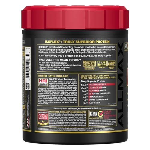 ALLMAX ISOFLEX Vanilla Whey Protein Isolate tub back nutrition panel