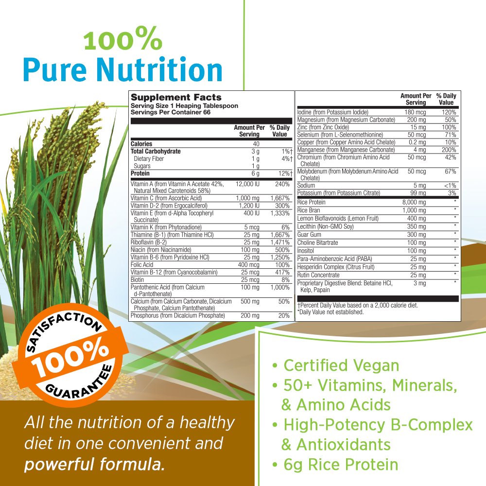 Label of ALL ONE Rice Base Multivitamin & Mineral Powder displaying ingredients