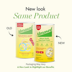 Almased Multi Protein Powder tub back label highlights ingredients and allergen details for informed shopping.