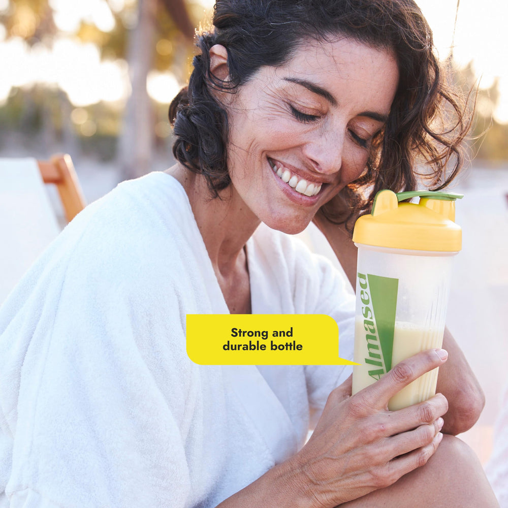Almased Protein Shaker Bottle leak-proof lid for secure, mess-free gym transport.