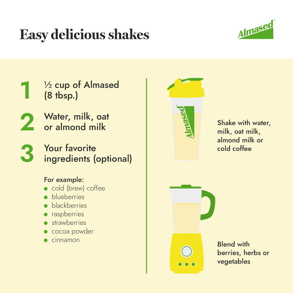 Almased Protein Shaker Bottle on-the-go use fits cup holders for quick shakes.