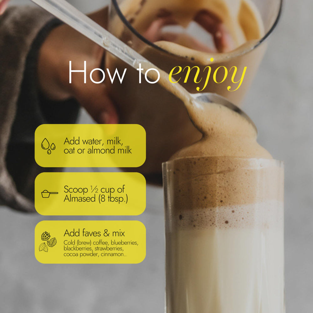 Almased vanilla beside dairy-free milk illustrating versatile mix-ins