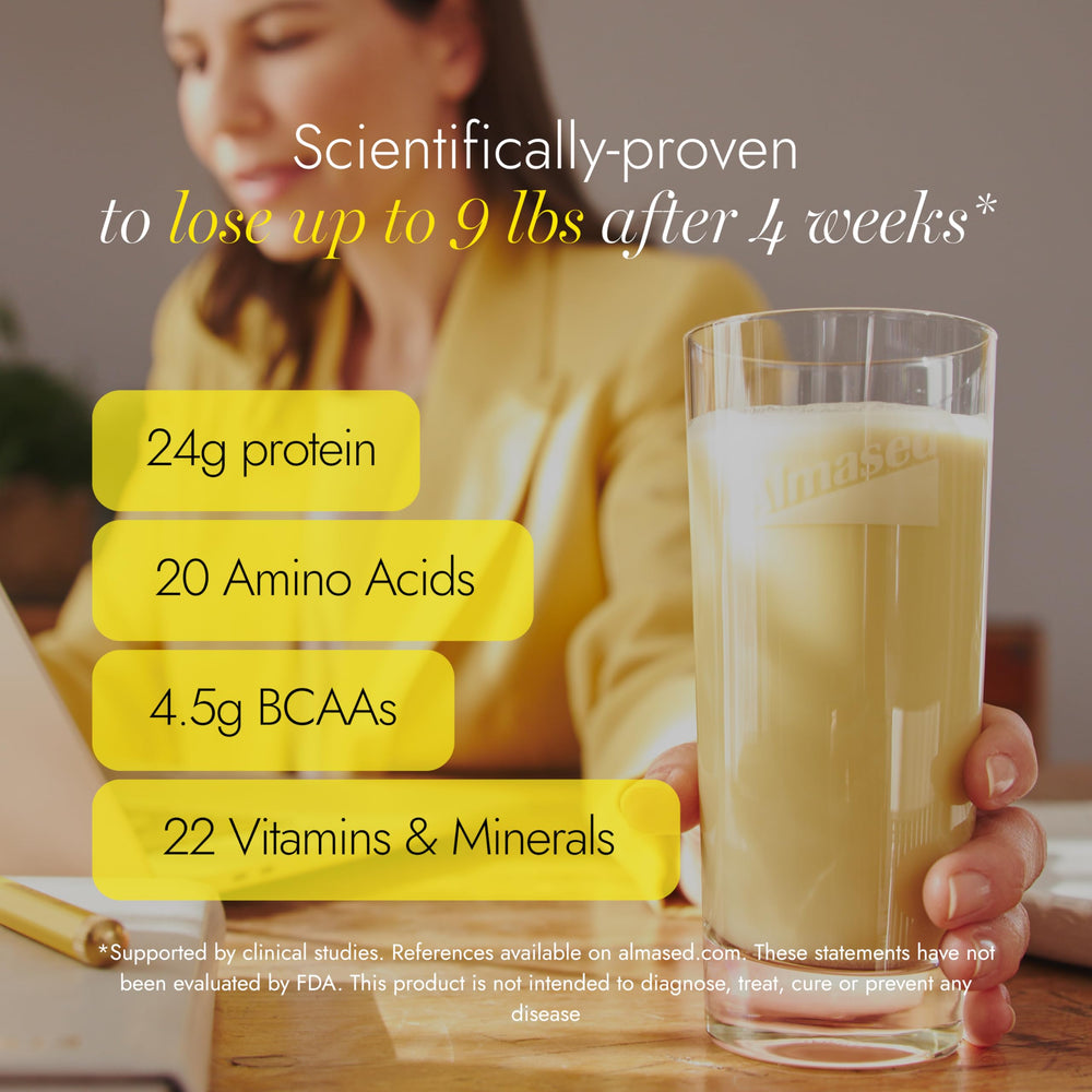 Almased vanilla shake with fruit in a glass as a satisfying snack