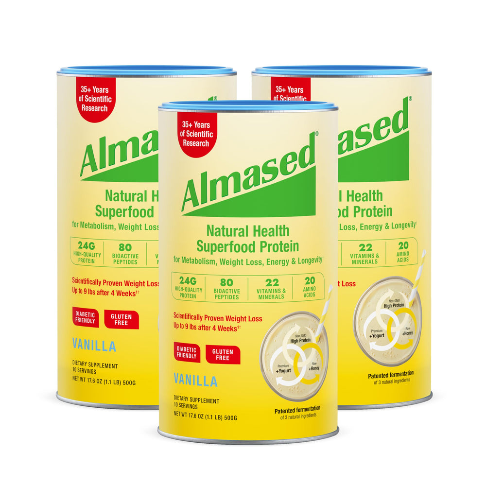 Almased vanilla meal replacement powder in a jar for easy weight management